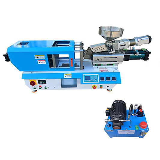 Hydraulic Desktop Injection Molding Machine 16 Tons with control panel and motor setup.